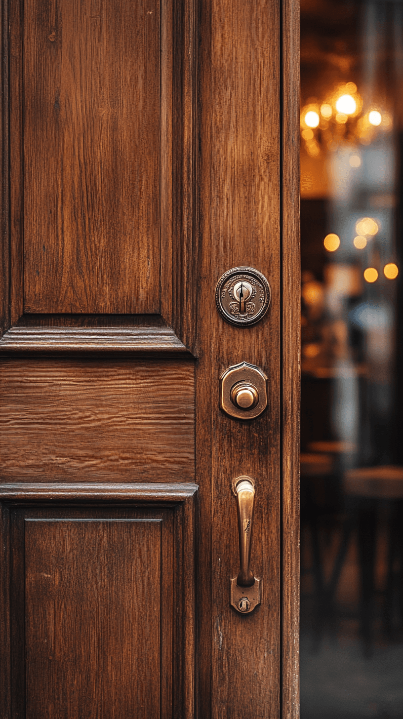 Warm wooden front door of a local business with brass hardware and warm light inside