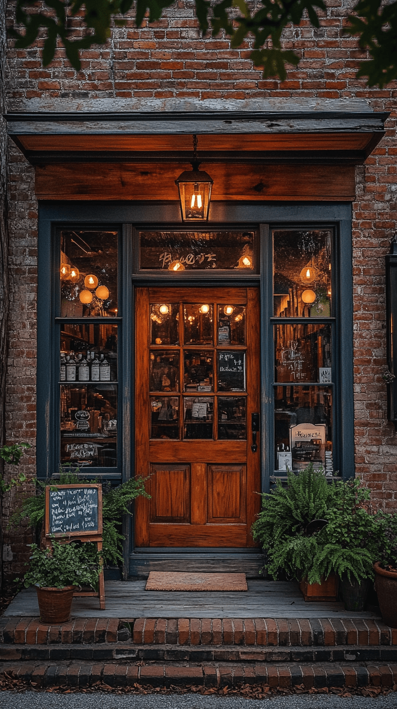 Warm storefront with wooden door, lantern, and potted ferns