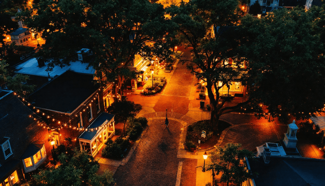 Aerial view of a charming small town main street with string lights at dusk
